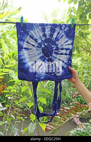 From White to Blue and Unique Patterns, Thai Traditional Indigo Tie-Dye Tote when Finished Stock Photo