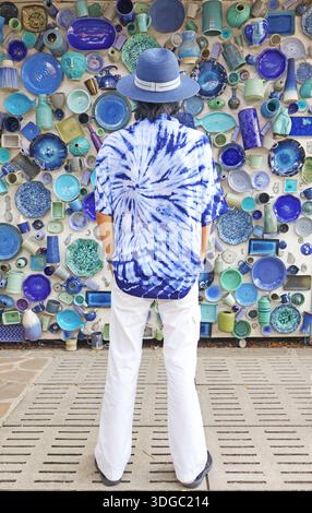 White and Blue Wonder, Thai Indigo Tie-Dye and Pottery Stock Photo