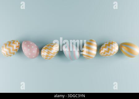 Seven decorated Easter eggs with gold, pink, and blue patterns arranged in a row on light blue surface. 3d rendering Stock Photo