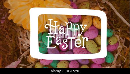 Image of happy easter text over colourful easter eggs Stock Photo
