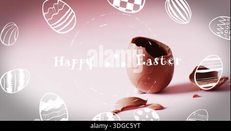 Image of happy easter text over easter eggs and cracked chocolate egg on pink background Stock Photo
