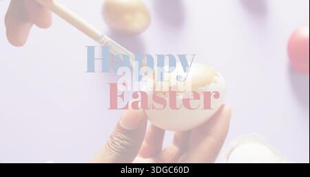 Image of happy easter text over woman painting easter eggs on purple background Stock Photo