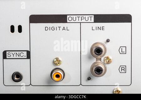 Classic rear panel of vintage audio equipment showing sync input, RCA line outputs, and digital output labels. Great for retro electronics, connectors Stock Photo