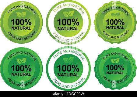 100 Percent Natural Pure and Natural Product Labels with Leaf Symbol Stock Vector