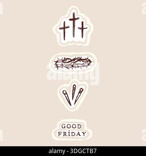 Hand drawn isolated vector motif illustration for church announcement, card, social media. Maundy thursday religious christian easter icon set with Stock Vector