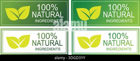 100 Percent Natural Ingredients Rectangular Labels with Leaf Icon Stock Vector