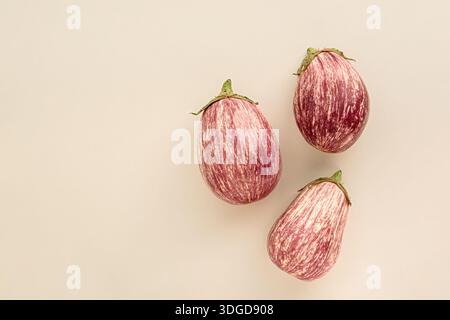 Three fresh striped pink eggplants with green stems on light beige background, graffiti variety harvest, organic purple veggies, top view flat lay for Stock Photo