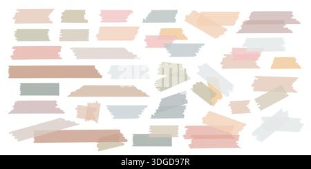 Set of washi tape strips in neutral pastel tones aesthetic collection, parts of scotch semi-transparent textures and torn edges, perfect for digital scrapbooking, planner stickers, minimal DIY design Stock Vector