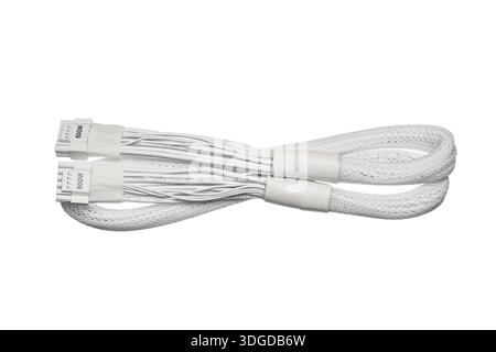 White braided PC power cables with 600W connectors isolated on white background. Stock Photo