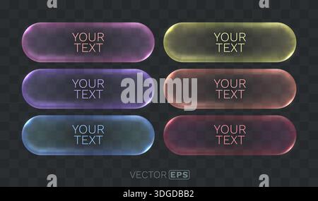 Modern Glass frame UI Buttons Set. A collection of colorful transparent elements for user interface design. Vector illustration Stock Vector