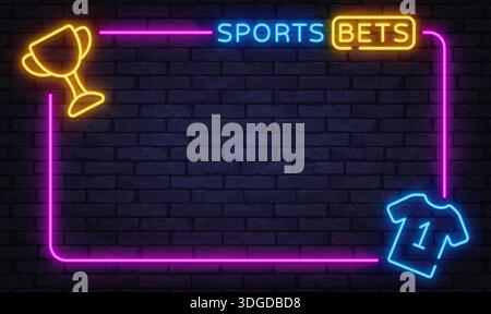 Neon sports bets frame with trophy and jersey icon for betting platforms. Strong glow highlights competition and winning concepts clearly. Stock Vector