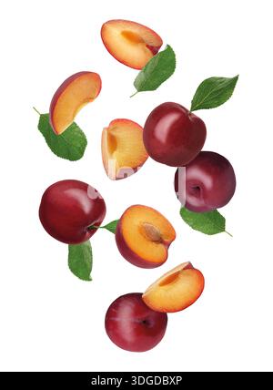Fresh plums and green leaves falling on white background Stock Photo