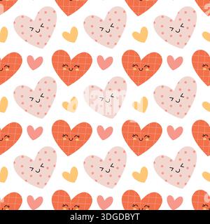 Cute Kawaii Heart Seamless Pattern with Smiling Faces Stock Vector