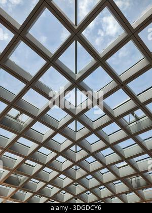 Geometric glass ceiling with metal grid and blue sky, modern architectural abstract background. Corporate, business and architectural concept Stock Photo