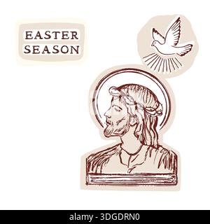 Jesus Christ crucifiction with holy spirit dove for good friday easter symbol clip art. Hand drawn isolated flat vector motif for christian church Stock Vector