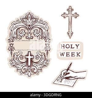 Pretty ornate christian cross motif isolated vector design. Hand drawn sticker style easter holy week celeration crucifix for faith based bible study Stock Vector