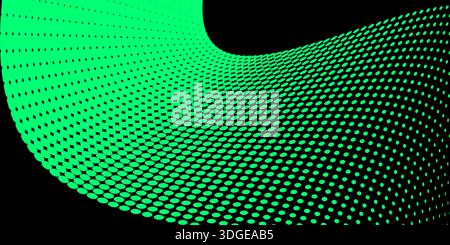 Abstract curved green halftone pattern on black background for digital tech and data design Stock Vector