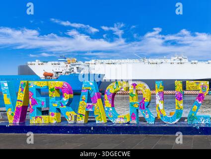 Panoramic view of Veracruz city port wharf and cargo ships at the docks. Largest port in Mexico serving international and domestic routes. Stock Photo