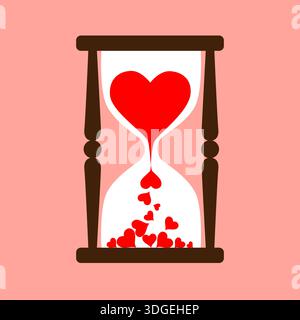 Lovely hourglass with hearts falling inside. Romantic vector drawings for love time. Valentines Day art concept for greeting cards or banners Stock Vector