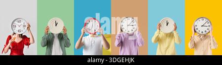 Set of people hiding faces behind clocks on color background Stock Photo