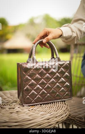 Elegant Brown Quilted Handbag On Outdoor scene, Fashion Accessory For Women. glossy brown quilted handbag, Perfect for fashion shoots, this stylish ba Stock Photo