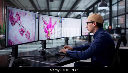 Graphic Designer Creating Print And Website Images On Desktop Computer. Stock Photo