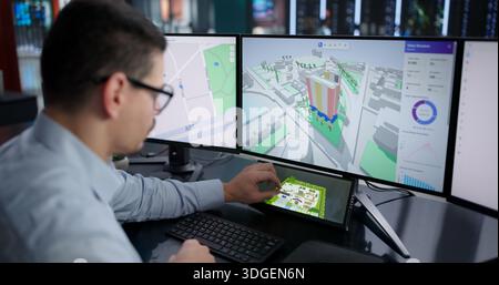 Young Hispanic Man Using Virtual 3D Design Software For House Remodel. Stock Photo