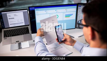 Smart Businessman Taking Photo Of Invoice With Phone For OCR Stock Photo
