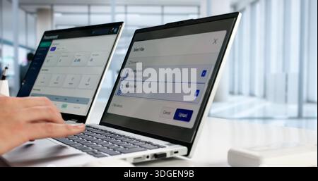 Hispanic Man Uploads Data To Secure Cloud Computing Archive. Stock Photo