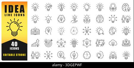 Creative Idea Line Icon Set With Editable Stroke Design Featuring Light Bulbs, Brainstorming, Innovation, Strategy, Artificial Intelligence, Vector Stock Vector