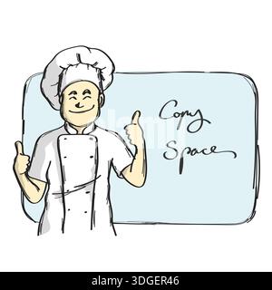male chef giving thumbs up on blue copy space illustration vector sketch with black lines Stock Vector