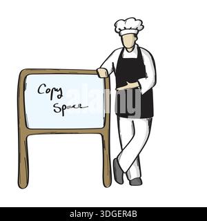 male chef presenting on blank chalkboard sign illustration vector sketch with black lines Stock Vector
