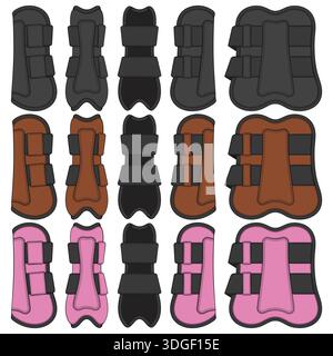 Set of color illustrations of horse boots, leg protection. Isolated vector objects on white background. Stock Vector