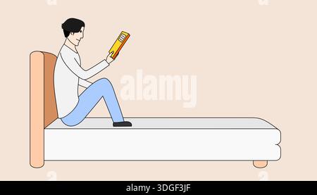 A man is reading a book on a bed. The book is yellow and the man is wearing blue jeans Stock Vector