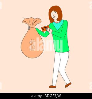 A woman is holding a money bag and debit card. Stock Vector