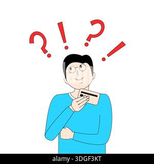 A man is holding a debit card and looking at it with a puzzled expression. He seems to be trying to figure out something Stock Vector