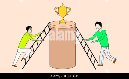 Two men are climbing up a ladder to reach a trophy. The trophy is on a pedestal Stock Vector