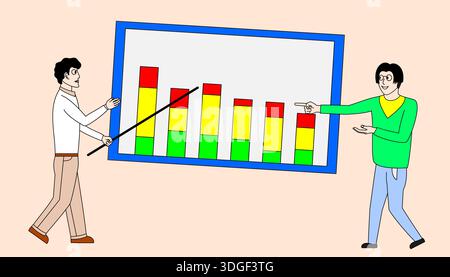 Two men are pointing at a graph on a white board. One man is holding a stick and the other man is pointing at the graph Stock Vector