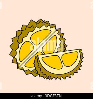 An illustration of split durian. The fruit is cut in half, revealing the brown center Stock Vector