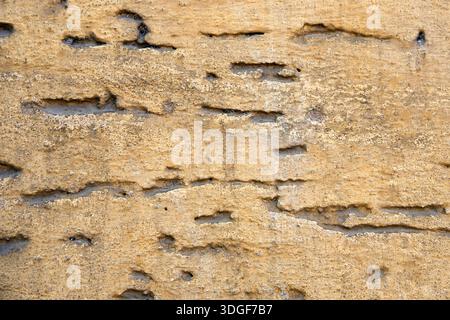 Close-up of old textured yellow wall surface with cracks and weathered patterns. Ideal for background, design, or architectural themes. Stock Photo