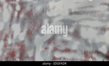 Abstract lines and spots of white spray paint on a rusty iron sheet surface, full frame fragment, background contrast abstraction Stock Photo