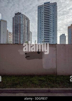Creative dog face graffiti on patched concrete wall. Someone added lines to painted street art. Darnytskyi district, Kyiv, Ukraine. High rise resident Stock Photo