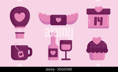 Set of six Valentine's Day icons in pink and purple tones against a light purple background ideal for romantic design materials and social media. Stock Vector