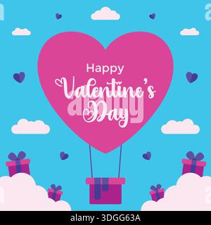 Happy Valentine's Day greetings illustration with a pink heart shaped balloon and gift boxes on blue background suitable for social media posts. Stock Vector