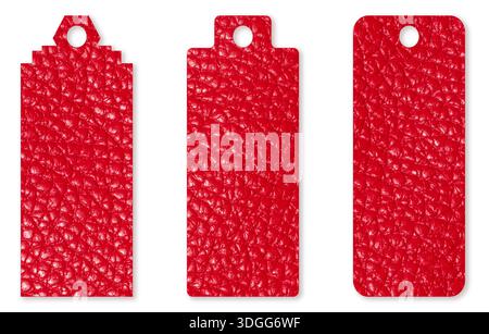 Three blank red tags of different shapes with genuine leather texture are arranged in a row on an isolated background Stock Photo