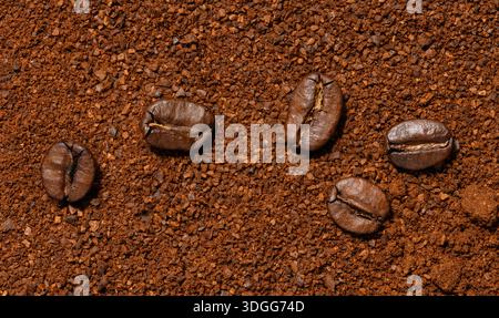 Whole roasted coffee beans lie on an even layer of freshly ground brown coffee. Top view. Stock Photo