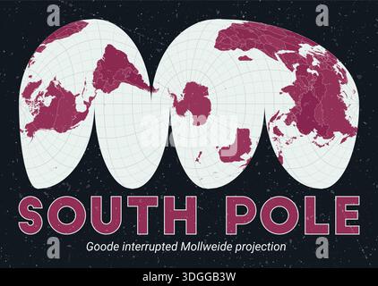 South Pole. World map. Goode interrupted Mollweide projection centered to South Pole. Pale Mint Dark Pink palette. Vintage texture. Stock Vector