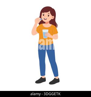 A flat vector illustration of a girl taking a pill and holding a glass of water. Perfect for healthcare, wellness, and medical treatment designs. Stock Vector