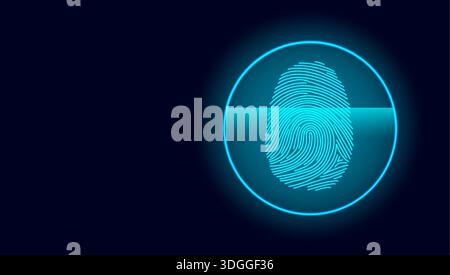 Cyber Security Biometric Scan Glowing Blue Fingerprint Interface with Scanning Beam Stock Vector