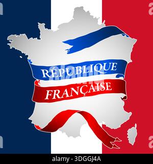 France, silhouette and graphic map with ribbons and name of the French Republic, vector illustration Stock Vector